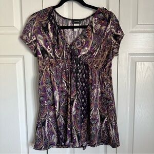 Judith Womens Floral SS Babydoll V-Neck Top Sz 1X Colorful Bohemian Fairy Whimsy